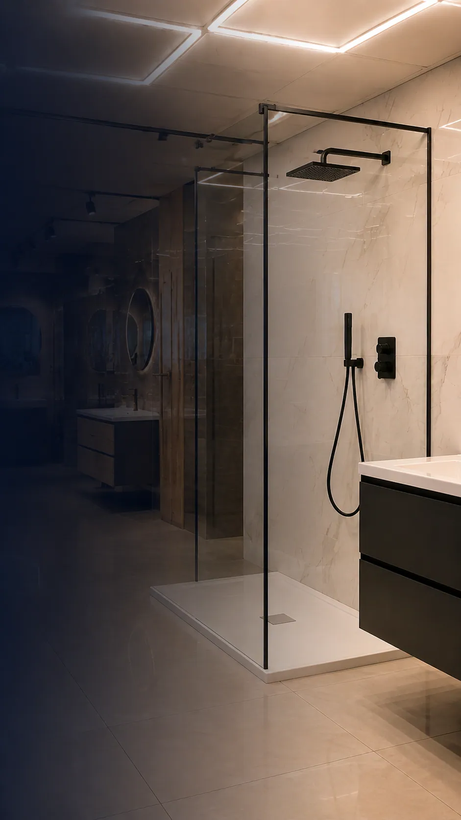 Walk-in shower and wall-hung vanity in the Bright Bathrooms Ashton-under-Lyne showroom